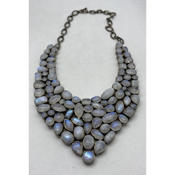 Vintage Signed 925 Moonstone Bib Necklace Statement Piece - Picture 8 of 16